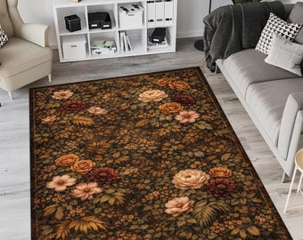 Vintage Floral Area Rug, Dark Botanical Rug, Moody Floral Carpet, Cottagecore Flower Rug, Dark Academia Rug, Victorian Home Decor