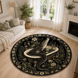 Alligator Round Rug, Victorian Bathtub Carpet, Gothic Crocodile Rug, Dark Academia Bathroom, Botanical Home Decor