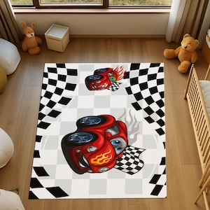 Race Car Kids Rug: Checkered Flag Playroom Carpet