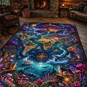 May include: A vibrant, rectangular area rug featuring a fantasy world map design. The rug showcases a detailed illustration with a compass, ships, whales, and various animals. The color palette includes blues, greens, purples, and golds, creating a whimsical and decorative floor covering.