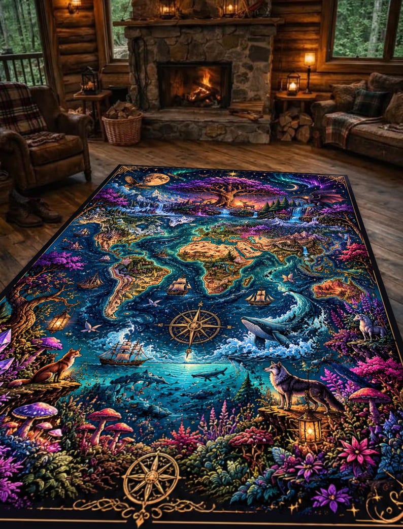 May include: A vibrant, rectangular area rug featuring a fantasy world map design. The rug showcases a detailed illustration with a compass, ships, whales, and various animals. The color palette includes blues, greens, purples, and golds, creating a whimsical and decorative floor covering.
