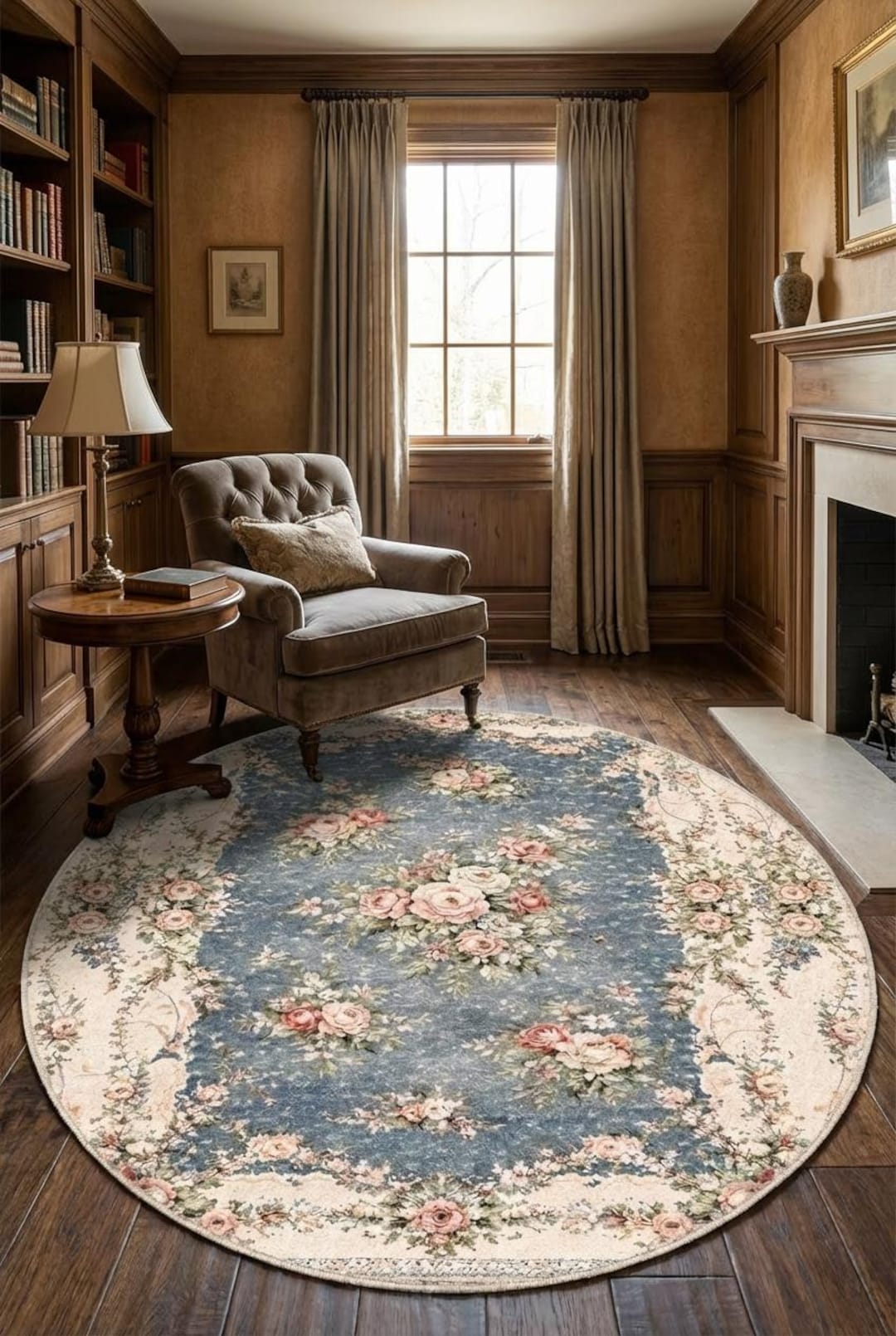 Classic Rose Rug Round Vintage Rose Rug, Blue Floral Design, French Country Decor ...