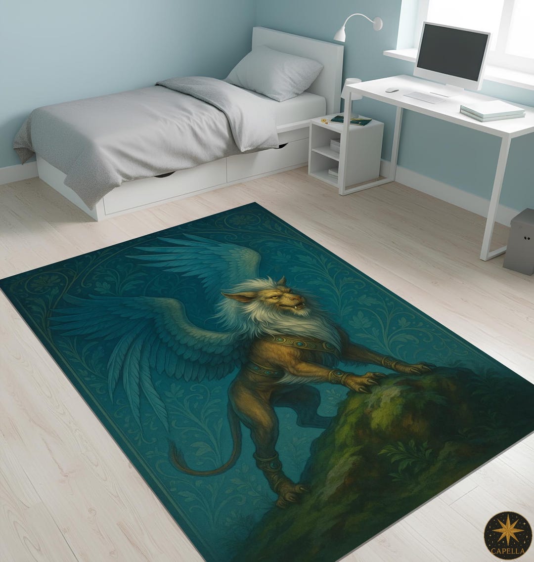 Winged Griffin Rug: Fantasy Medieval Teal Decor, Non-slip - Etsy