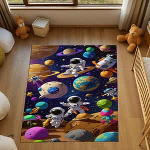 Astronaut Kids Rug: Colorful Space Theme, Non-Slip Playroom Decor