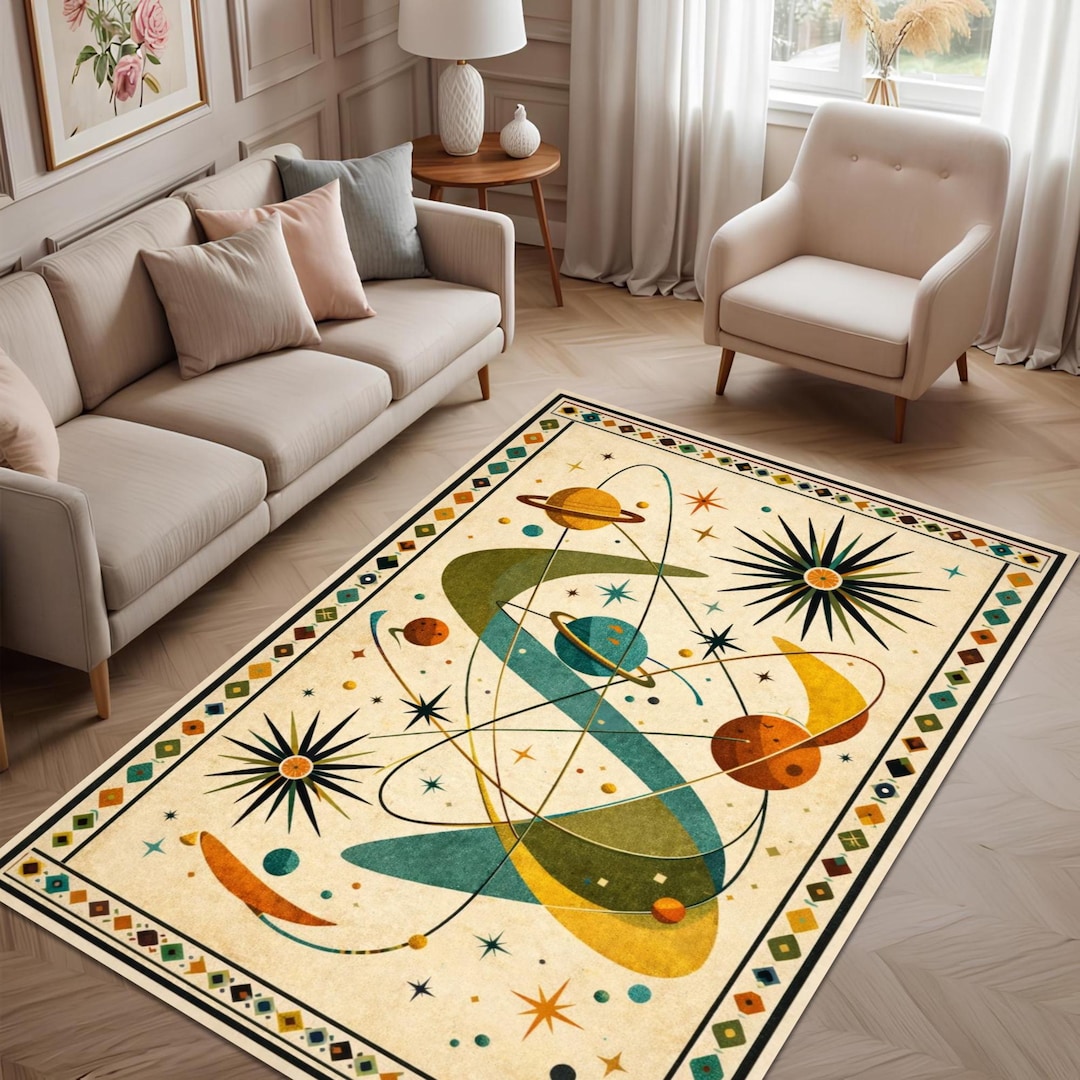 Atomic Fallout Rug Mid Century Atomic Rug, Retro Space Starburst Rug, Abstract Geometric ...