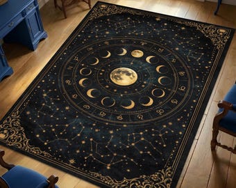 May include: A rectangular rug with a celestial design. The rug features a dark blue background with gold constellations, zodiac symbols, and a central moon phase illustration. The rug has a decorative border.