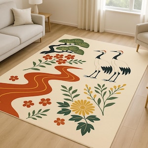 Japanese Crane & Floral Minimalist Rug – Nature-Inspired Modern Design