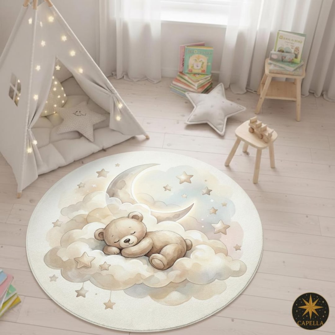 Baby Sleep Rug Sleeping Bear Moon Nursery Rug, Baby Room Decor, Neutral Kids Room ...