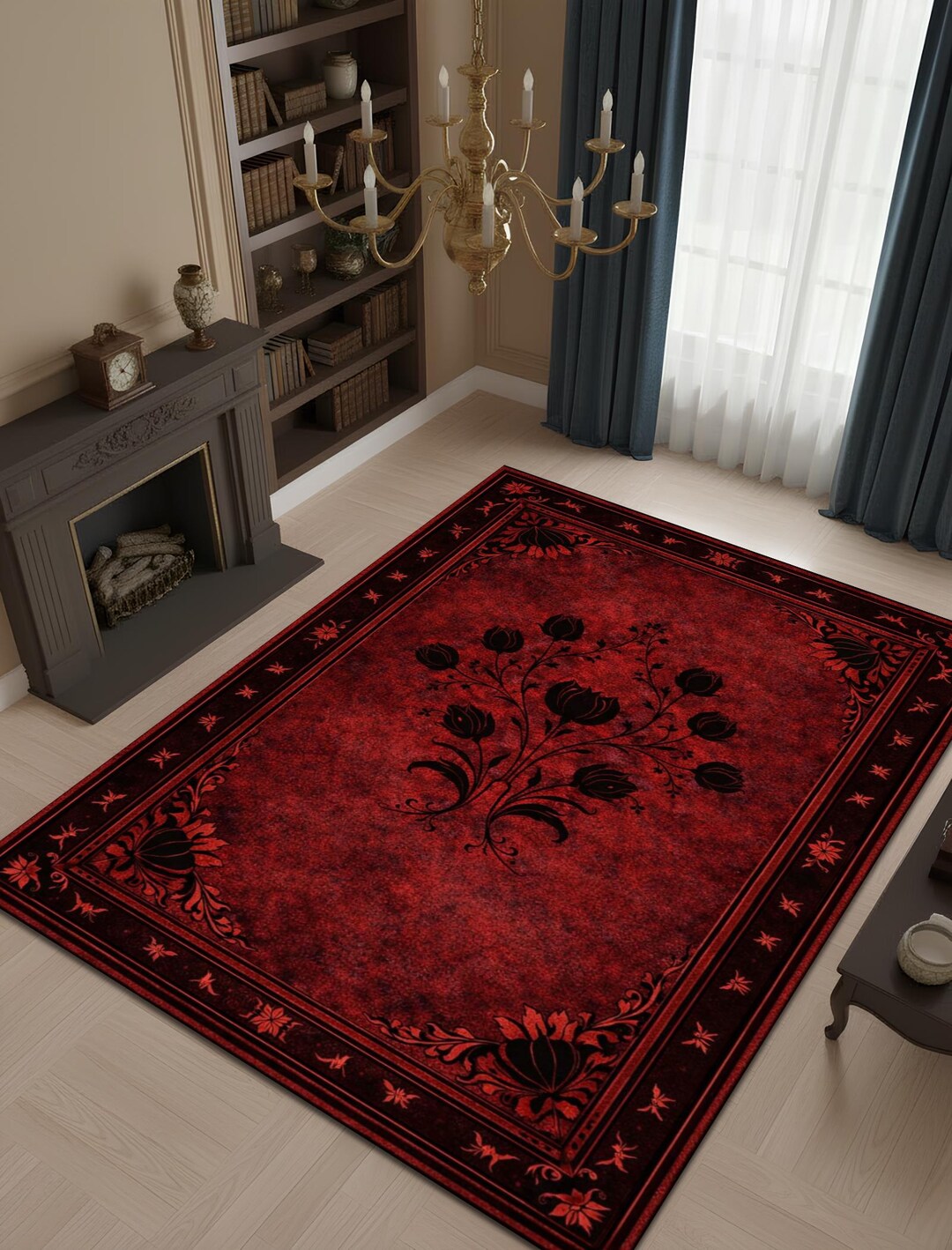Carpet Rococo Red Gothic Red Floral Rug Dark Victorian Botanical Carpet Floor Decor ...