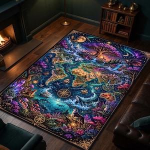 May include: A rectangular area rug featuring a vibrant, fantasy-themed world map design. The rug showcases a detailed illustration with a color palette of blues, purples, greens, and oranges. It includes depictions of ships, whales, and a compass, with a border of ornate floral patterns.