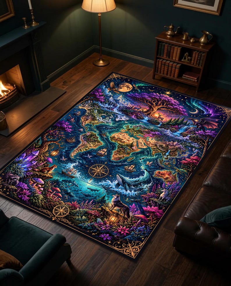 May include: A rectangular area rug featuring a vibrant, fantasy-themed world map design. The rug showcases a detailed illustration with a color palette of blues, purples, greens, and oranges. It includes depictions of ships, whales, and a compass, with a border of ornate floral patterns.