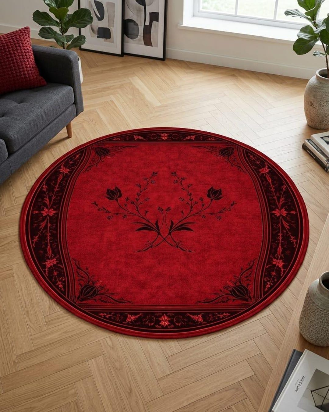 Red Round Rug, Oriental Vintage, Gothic Floral, Traditional Classic ...