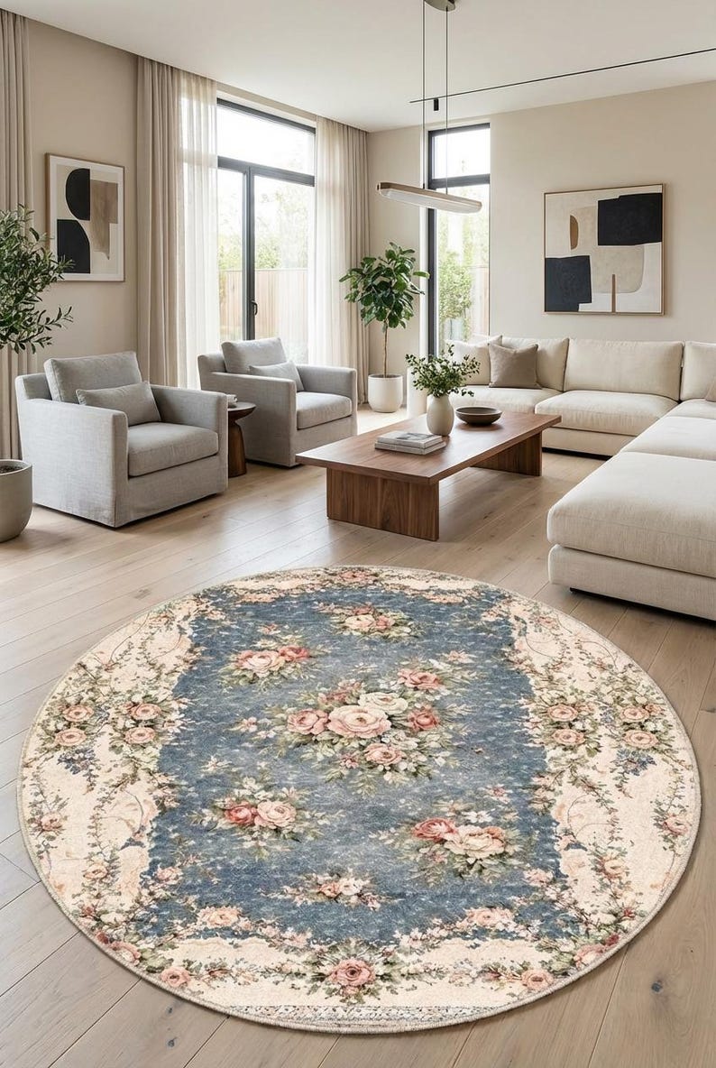 Classic Rose Rug Round Vintage Rose Rug, Blue Floral Design, French Country Decor ...
