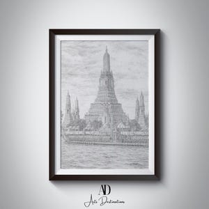 Wat Arun Pencil Sketch – Vintage Thailand Printable Wall Art