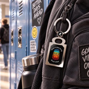 May include: A rectangular metal keychain attached to a black backpack. The keychain features a graphic of a colorful, bearded creature wearing sunglasses and a headband, with the text "Good tribes bring Good vibes" printed around the illustration.