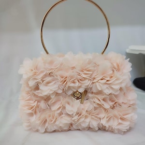 Ivory Floral Clutch with Gold Handle – Handmade Romantic Flower Purse for Brides, Bridesmaids, or Elegant Evening & Wedding Outfits