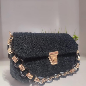 Black Crochet Chain Bag – Elegant Handmade Purse with Chunky Strap – Evening Shoulder Bag