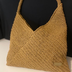 Handmade Origami Crochet Tote Bag – Folded Triangle Boho Shoulder Purse with Earthy Texture, Minimalist Summer Style, and Eco-Luxe Feel