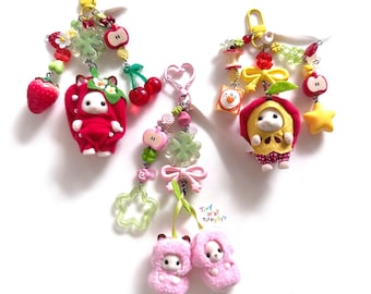 strawberry cherry apple critter charms beaded keychain