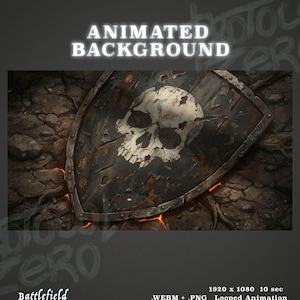 May include: An animated background featuring a weathered, dark metal shield with a prominent white skull emblem. The shield displays signs of rust and wear, resting on cracked, dark earth with glowing orange embers visible beneath the surface.