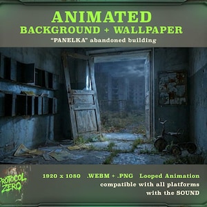 May include: An animated background and wallpaper featuring an abandoned building interior. The image shows a dilapidated doorway, a tricycle, and a view of a distant cityscape. The text reads "ANIMATED BACKGROUND + WALLPAPER" and "PANELKA abandoned building."