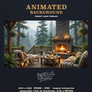 Può includere: Uno sfondo animato intitolato ANIMATED BACKGROUND FOREST CABIN TERRACE che mostra una terrazza in legno con camino in pietra, sedute con coperte, un tavolino con tè e cesti di fiori appesi che si affacciano su una foresta piovosa.
