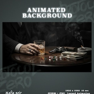 May include: An animated background featuring a dark scene with a glass of amber liquid, a revolver, stacks of US dollar bills, and scattered gemstones on a round wooden table. Text reads ANIMATED BACKGROUND, PROTOCOL ZERO, and Mafia noir.