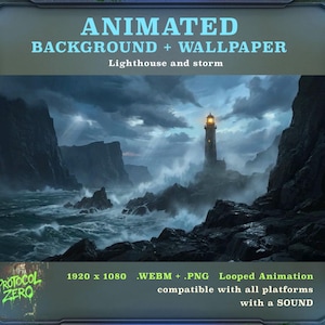 Peut inclure: Un fond d'écran numérique animé représentant un phare sur une falaise rocheuse pendant une tempête. Le texte indique ANIMATED BACKGROUND + WALLPAPER, Lighthouse and storm, 1920 x 1080, .WEBM + .PNG, Looped Animation, compatible with all platforms, with a SOUND.