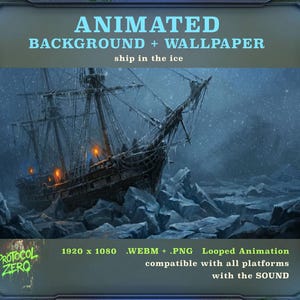 May include: An animated digital wallpaper depicts a tall ship trapped in ice. The image is set against a dark, stormy sky with falling snow. Text reads "ANIMATED BACKGROUND + WALLPAPER ship in the ice."