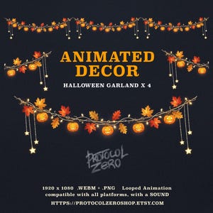 May include: Four digital Halloween garland designs featuring orange jack-o'-lanterns, autumn leaves, and hanging star lights. Text reads: ANIMATED DECOR HALLOWEEN GARLAND X 4, PROTOCOL ZERO, 1920 x 1080 .WEBM + .PNG Looped Animation, HTTPS://PROTOCOLZEROSHOP.ETSY.COM