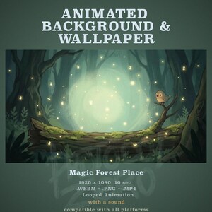 Può includere: Uno sfondo animato intitolato Magic Forest Place che mostra una foresta scura con un tronco muschioso, un piccolo uccello su un ramo e lucciole luminose. Il testo include 1920 x 1080, 10 sec, .WEBM, .PNG, .MP4 e un'animazione in loop.