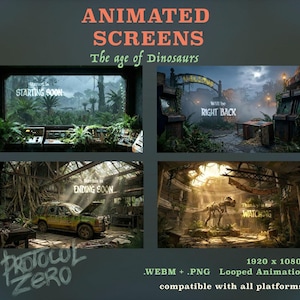 Może przedstawiać: Zestaw czterech animowanych ekranów zatytułowanych The age of Dinosaurs, przedstawiających motywy dżungli i ruin z nakładkami tekstowymi, takimi jak Stream is STARTING SOON, Will be RIGHT BACK, Stream is ENDING SOON oraz Thank you for WATCHING, w rozdzielczości 1920 x 1080.