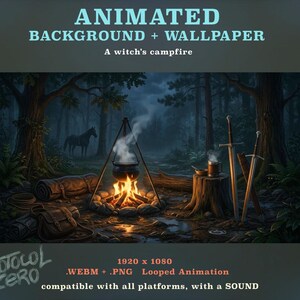 Könnte beinhalten: Animierter Hintergrund und Wallpaper mit dem Titel A witch's campfire, 1920 x 1080, .WEBM + .PNG Loop-Animation mit Ton. Die Szene zeigt ein Lagerfeuer mit hängendem Kessel, ein Pferd im dunklen Wald, einen Baumstumpf mit Becher und zwei Schwerter.