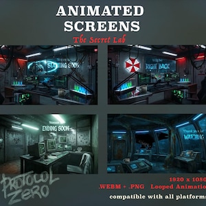May include: A digital graphic set featuring four animated screens for streaming, titled Animated Screens The Secret Lab. The scenes depict a dark laboratory with computer monitors, glowing test tubes, and text overlays including Starting Soon, Will be Right Back, Ending Soon, and Thank you for Watching.