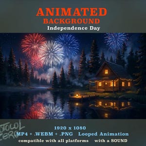 Animated Background - Lake Cabin Fireworks | Cozy Independence Day Night | Cottage Wallpaper | MP4 WEBM PNG Loop Video Vtuber 1920x1080