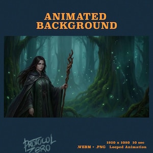 May include: An animated background featuring a person with long dark hair wearing a dark green hooded cloak and holding a twisted wooden staff. The scene is set in a dark, misty forest with large mossy trees and glowing green floating particles.