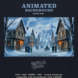 Może przedstawiać: Animowane tło zatytułowane ANIMATED BACKGROUND WINTER TIME przedstawiające zaśnieżoną wioskę z domami z muru pruskiego, ludzi spacerujących po brukowanej ulicy i góry. Zawiera tekst PROTOCOL ZERO, 1920 x 1080 .WEBM + .PNG.