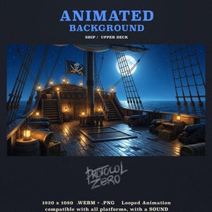 May include: An animated background featuring the upper deck of a pirate ship at night under a full moon. The scene includes wooden planks, cannons, barrels, lanterns, and a skull and crossbones flag. Text reads ANIMATED BACKGROUND SHIP / UPPER DECK.