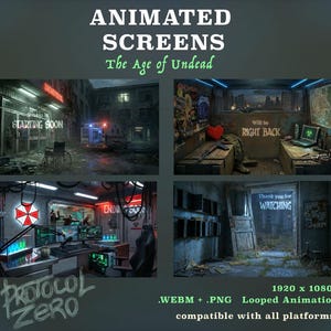 Animowane ekrany transmisji z apokalipsy zombie, pakiet nakładek Twitch Horror, ekrany końcowe z krótkimi przerwami na BRB, pakiet transmisji OBS WEBM