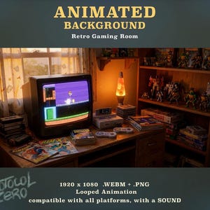 May include: An animated background titled ANIMATED BACKGROUND Retro Gaming Room featuring a CRT television displaying a 2D platformer game, a game console with two controllers, a lava lamp, and wooden shelves filled with action figures and comics.