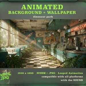 May include: An animated background and wallpaper featuring a dinosaur park theme. The image shows a retro diner with a checkered floor, booths, and a neon sign that reads "ATOMIC CON". The image includes the text "PROTOCOL ZERO".