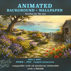 Peut inclure: Fond d'écran animé intitulé Garden by the sea, 1920 x 1080, .WEBM + .PNG, animation en boucle, compatible avec toutes les plateformes, avec un son. L'image montre un chemin en pierre, une porte en bois, un petit abri et un paysage côtier.