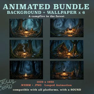 Animated Forest Campfire Background Bundle, Fantasy Stream Overlay, Cozy Gamer Wallpaper, Witch Druid Knight Camp, Twitch OBS Background