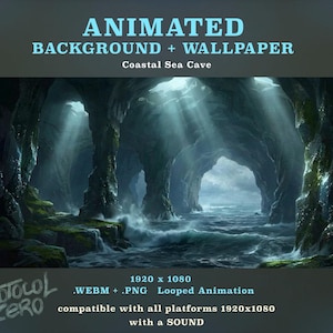 Animerad bakgrund - Animerad havsgrottabakgrund, havsgrotta med ström, atmosfärisk kustnära VTuber-bakgrund, WebM PNG-loop