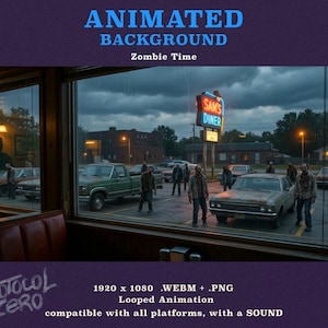 Può includere: Uno sfondo animato intitolato Zombie Time che mostra una vista dall'interno di un diner su un parcheggio con diverse figure vicino ad auto d'epoca sotto un cielo nuvoloso. Un'insegna al neon recita Sam's Diner. Include file 1920 x 1080 .WEBM e .PNG.