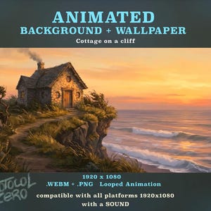Peut inclure: Un fond d'écran animé représentant un cottage en pierre sur une falaise surplombant l'océan au coucher du soleil. Le fichier numérique inclut une résolution de 1920 x 1080, des formats .WEBM et .PNG, une animation en boucle et du son.