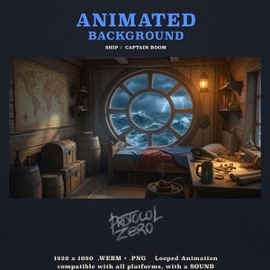 May include: An animated digital background titled ANIMATED BACKGROUND SHIP / CAPTAIN ROOM. The scene depicts a wooden cabin with a large circular window showing a stormy sea with lightning, a bed, wooden barrels, chests, and a desk with nautical items.