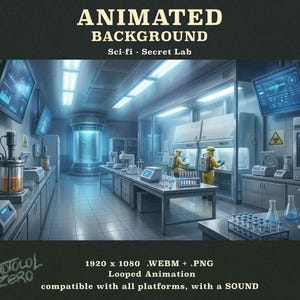 May include: An animated sci-fi secret lab background featuring a sterile laboratory with blue lighting, stainless steel counters, scientific equipment, a large central containment cylinder, and two figures in yellow hazmat suits working in fume hoods.