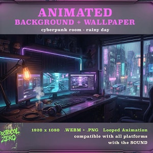May include: Animated cyberpunk room wallpaper with a rainy day theme. The image shows a desk with three monitors, a keyboard, and headphones. The text "ANIMATED BACKGROUND + WALLPAPER" is displayed at the top.