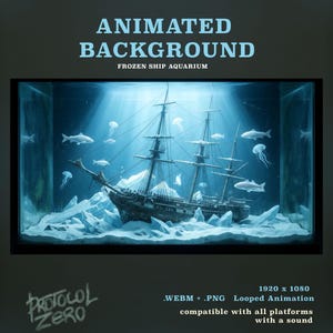 Könnte beinhalten: Ein animierter Hintergrund mit dem Titel ANIMATED BACKGROUND FROZEN SHIP AQUARIUM, der ein versunkenes Schiff in einem blau getönten Aquarium mit Fischen und Quallen zwischen Eisformationen zeigt. Enthält Text 1920 x 1080 .WEBM + .PNG Looped Animation.